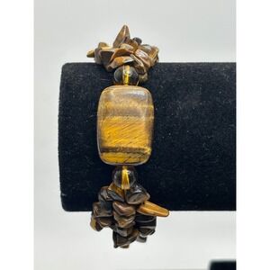 Vintage Tiger Eye Large Gemstone Bracelet Natural Stone Chip Beaded Stretch